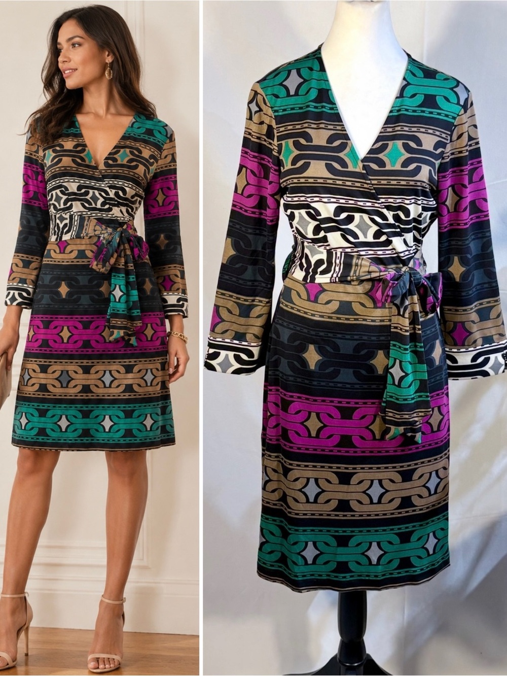 ☀️NWT Diane von Furstenberg Julian Silk Trellis Chain Band Jersey Wrap Dress~12🌟